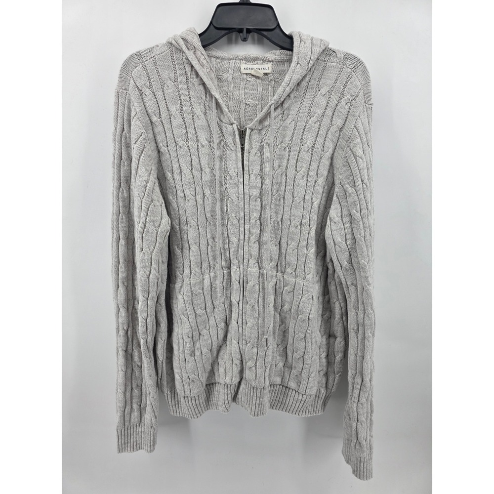 Aeropostale Cable Knit Full Zip Hoodie Sweater Grey XXL